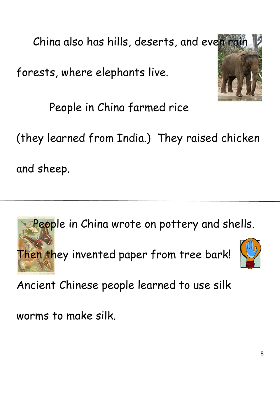 China reading page covers landscapes, elephants, farming, writing on pottery and shells, paper, and silk.
