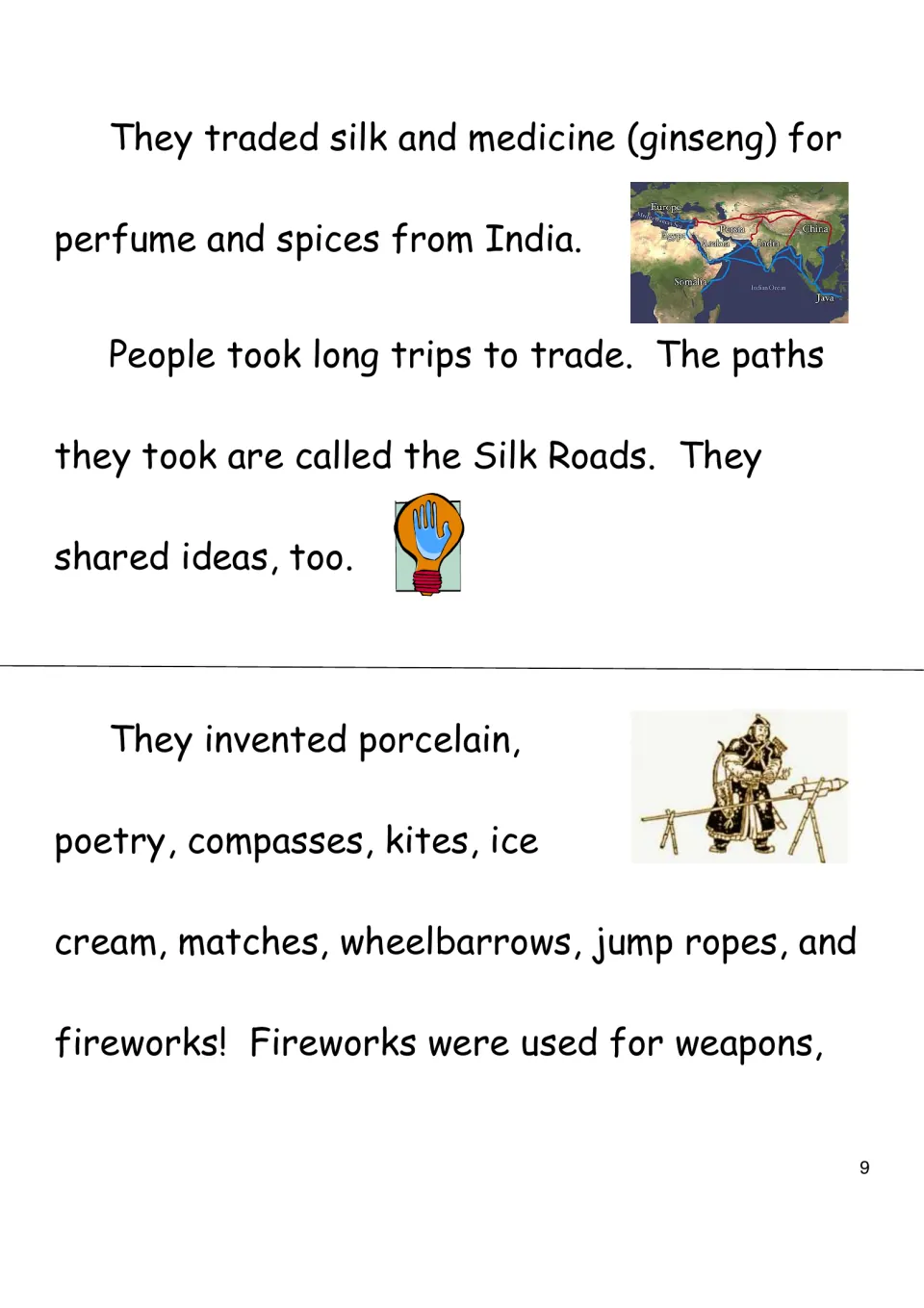China reading page describes Silk Roads trade and shared ideas, then lists inventions including fireworks.