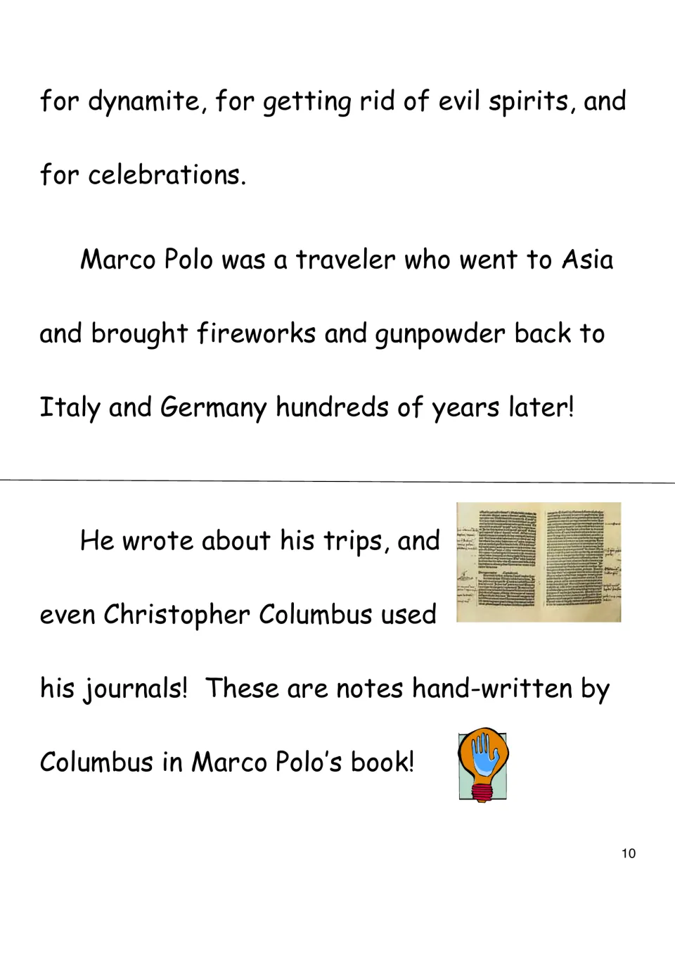 History eBook page continues the fireworks reading and describes Marco Polo's travels and Columbus's notes.