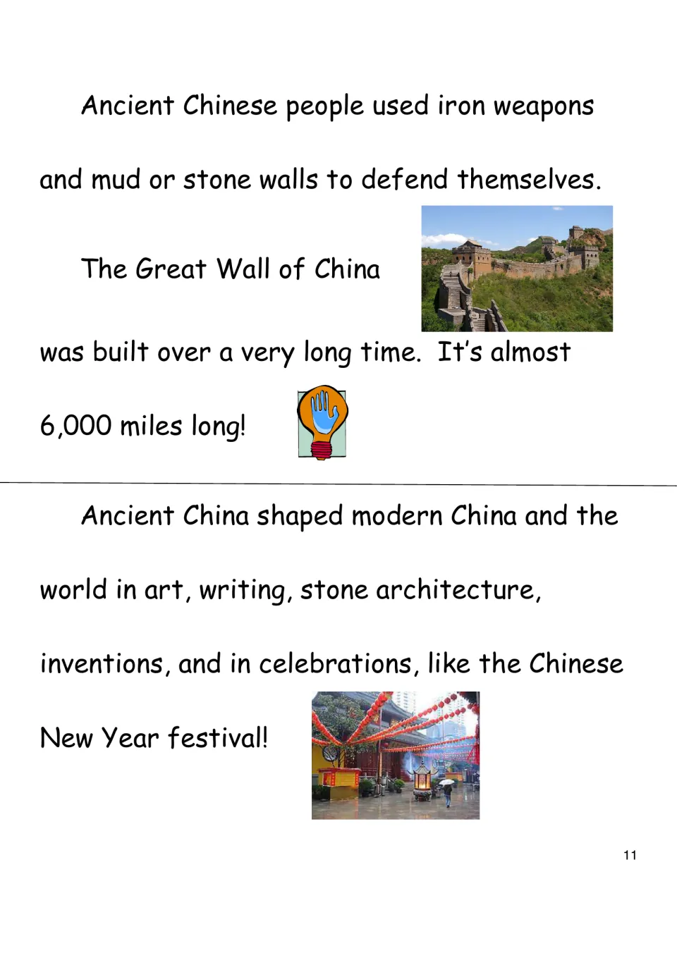 China reading page describes iron weapons, defensive walls, the Great Wall, and cultural influence today.