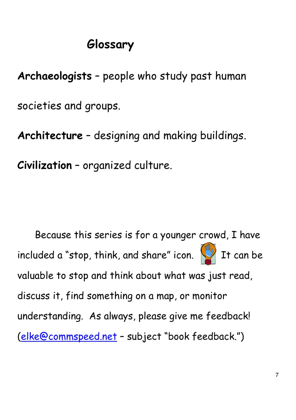 Glossary defining archaeologists, architecture and civilization, plus a teacher note on the stop, think, share icon