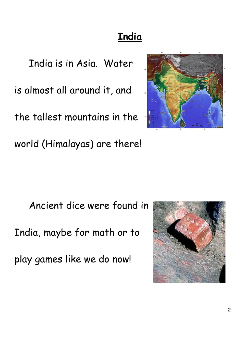 History eBook page 2 introduces India's location in Asia, the Himalayas, and ancient dice, with photos.