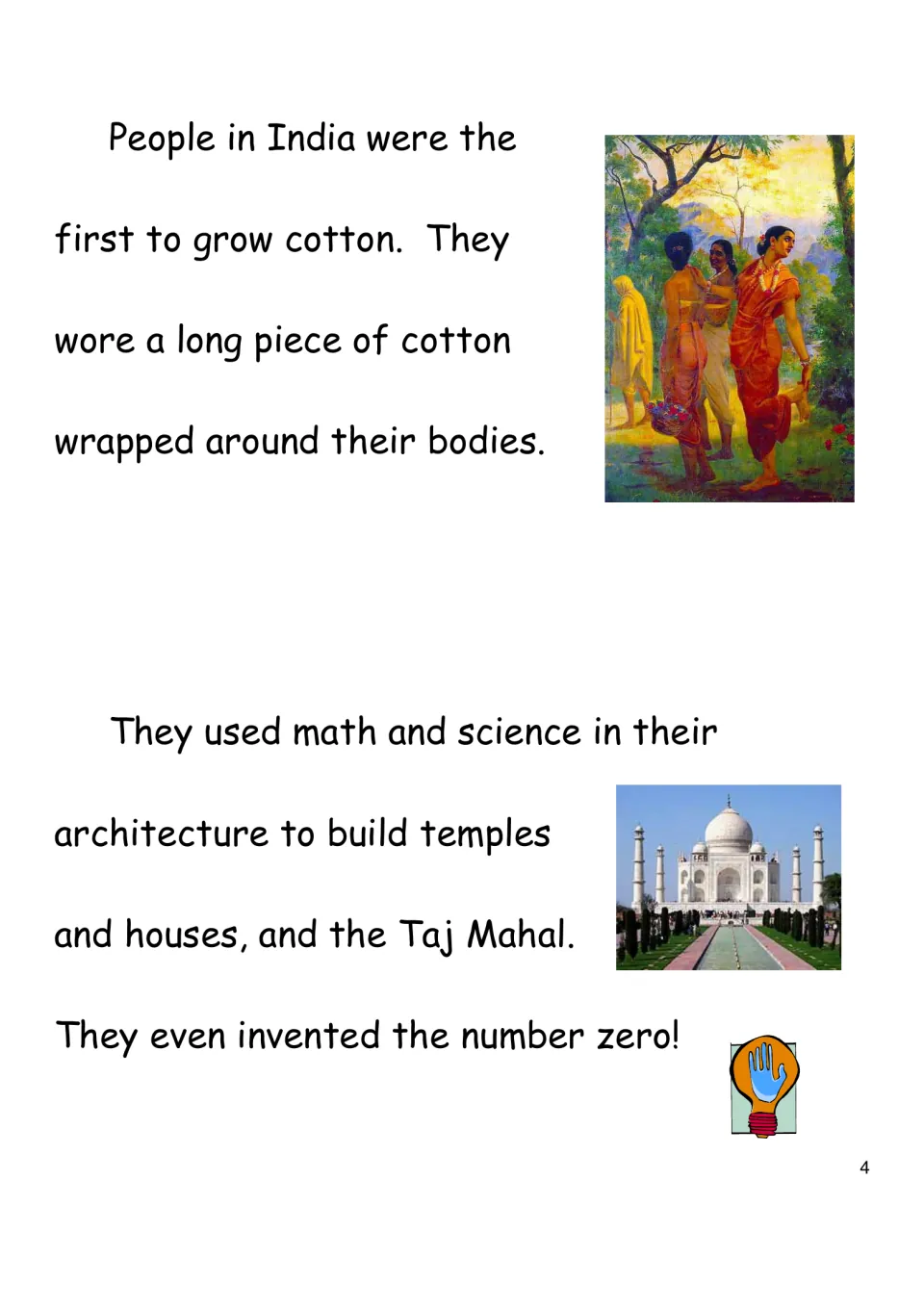 History eBook page 4 covers cotton clothing, math and science in architecture, the Taj Mahal, and zero.