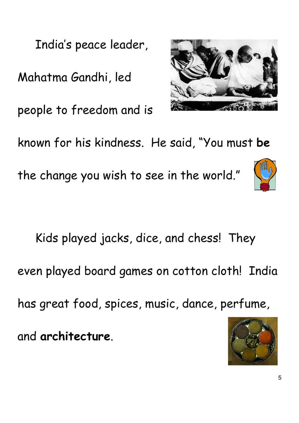History eBook page 5 introduces Mahatma Gandhi and describes children's games, spices, music, and dance.