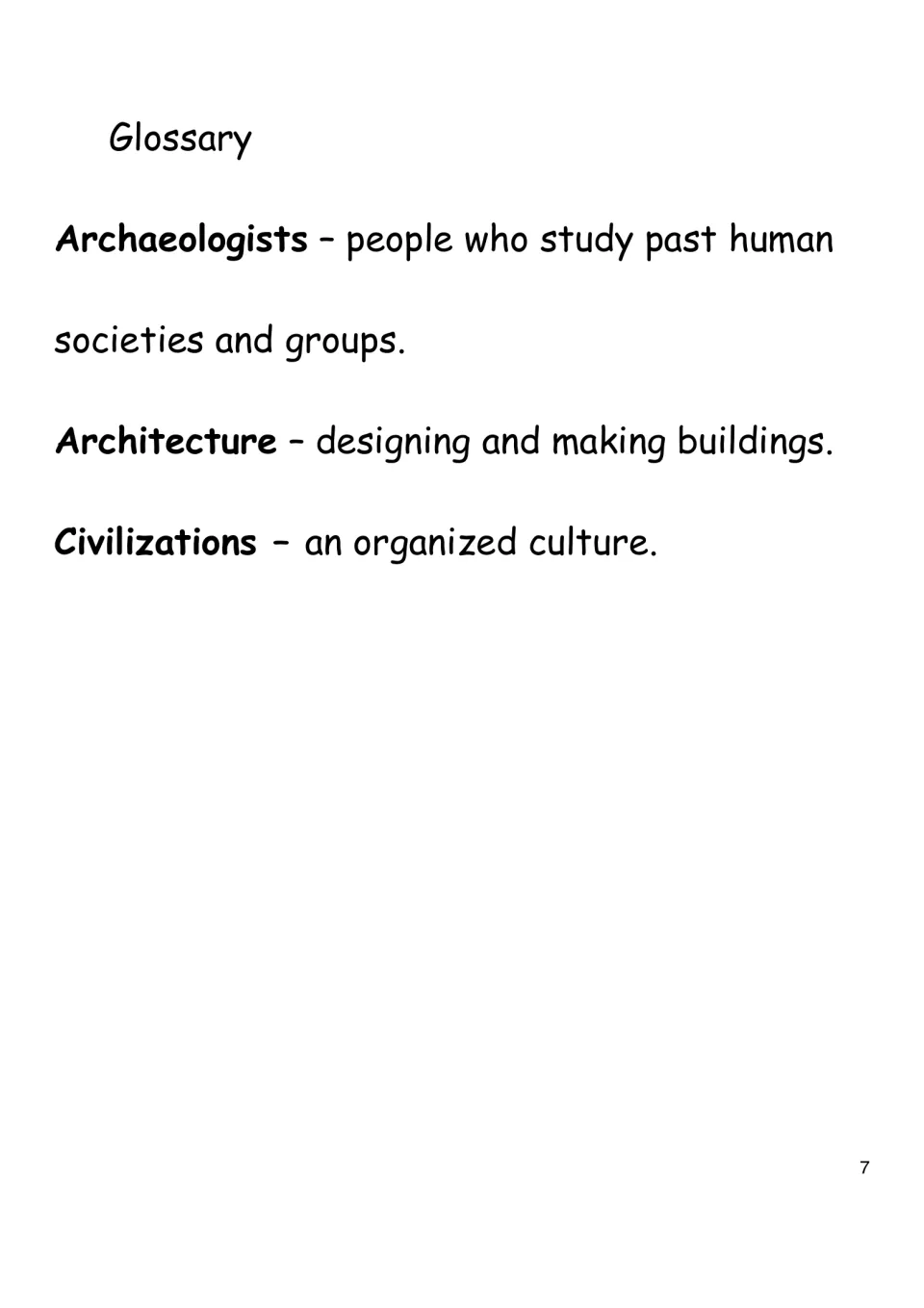 History eBook glossary page defines archaeologists, architecture, and civilizations in simple language.