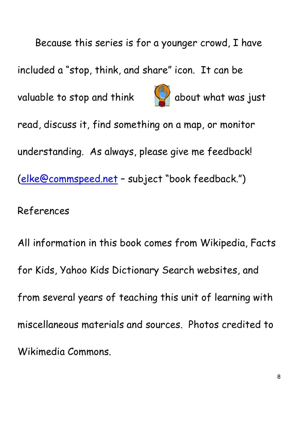 History eBook end note explains the stop, think, and share icon and lists information and photo sources.