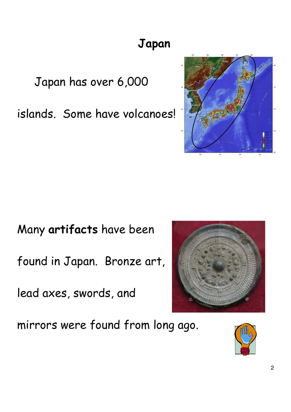 Japan reading page: students learn Japan has over 6,000 islands, with a circled map and a photo of a bronze mirror