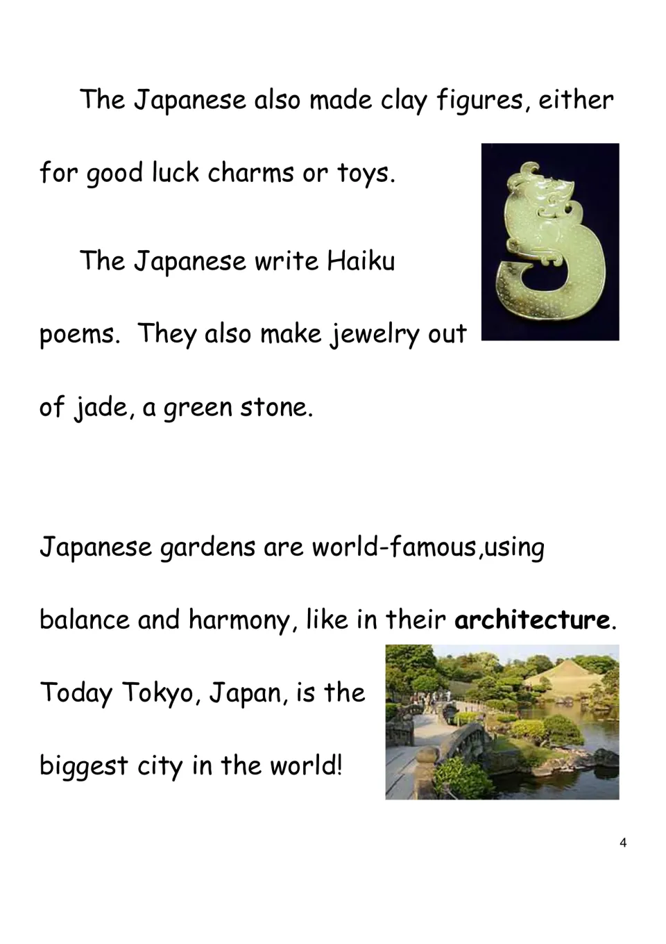Japanese culture reading: clay figures, haiku poems, jade jewelry and gardens, with photos of a jade carving and a garden