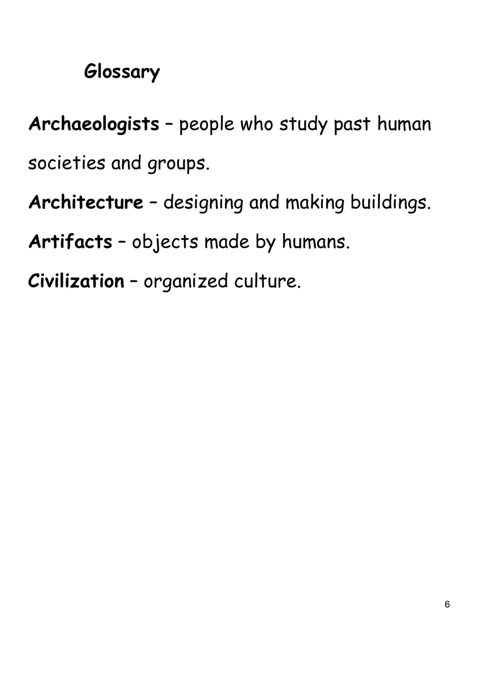 Glossary defining archaeologists, architecture, artifacts and civilization as used in the reading on ancient Japan