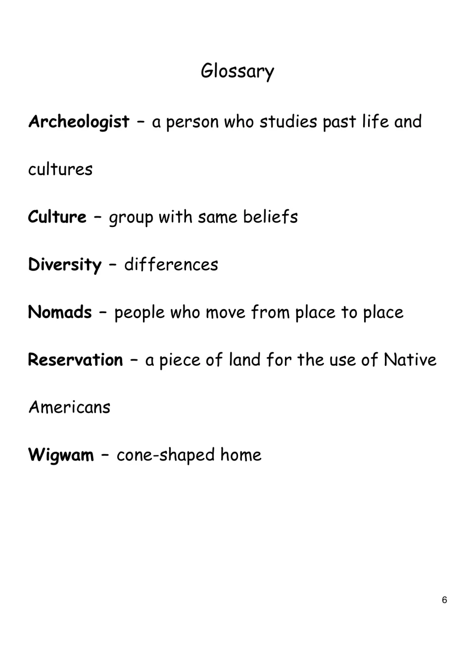 Glossary defining archeologist, culture, diversity, nomads, reservation and wigwam in short kid-friendly definitions