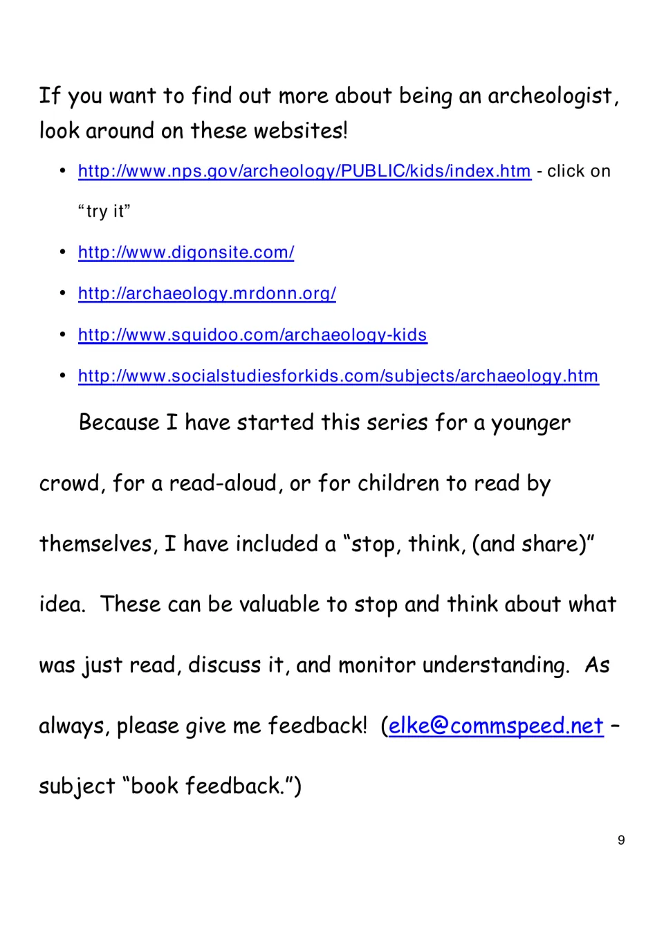 Kids' archeology websites to explore, followed by an author note on the book's stop, think and share read-aloud idea