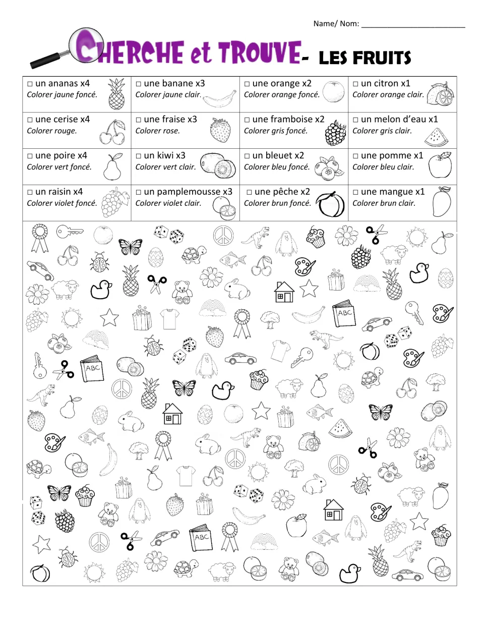 Cherche et trouve, les fruits: students find 16 French-named fruits like un ananas x4, then colour each one as told