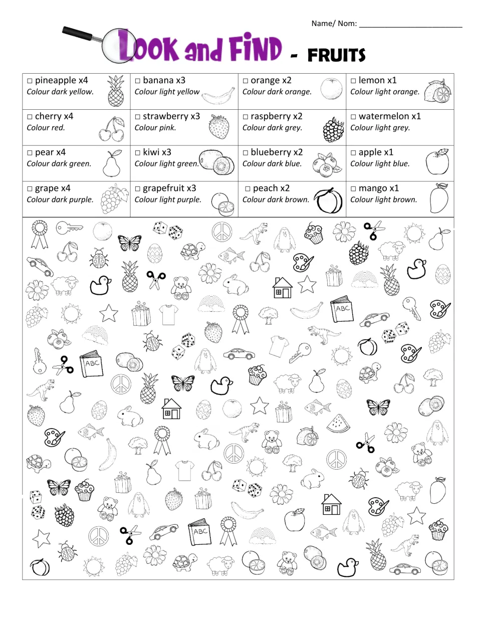 Look and find fruits in English: students search for pineapple x4, banana x3 and more, colouring each in its listed shade