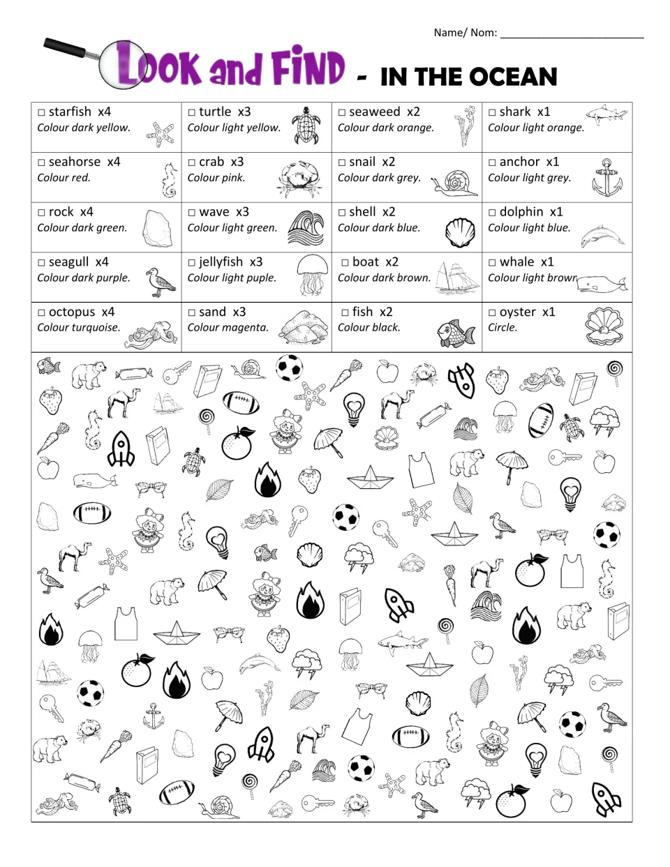 Ocean look-and-find in English: students find starfish, turtles, crabs and 17 more items and colour each as listed