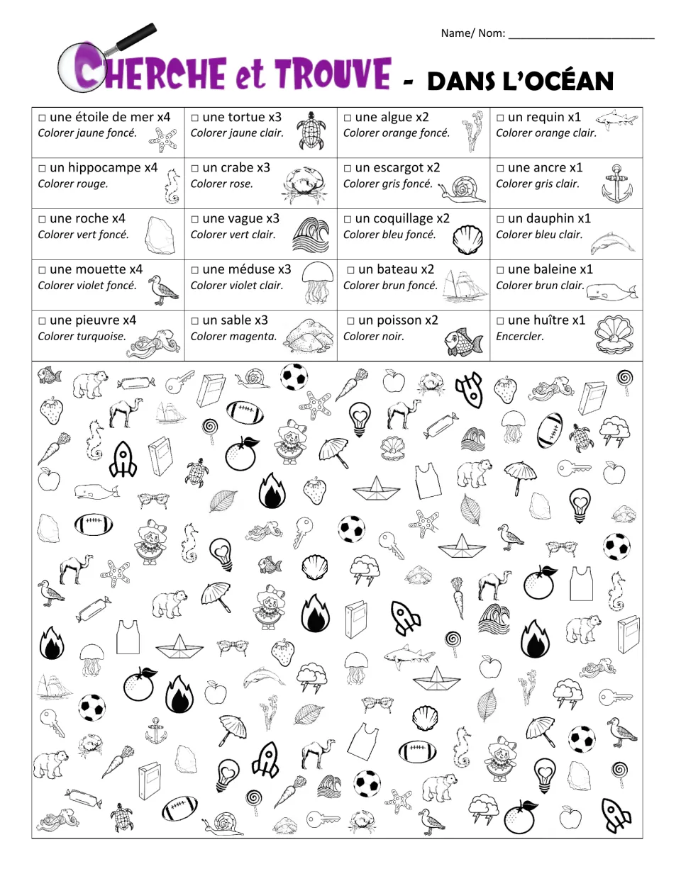 French ocean seek-and-find, Cherche et trouve: students spot une tortue, un requin and more, then colour each as directed