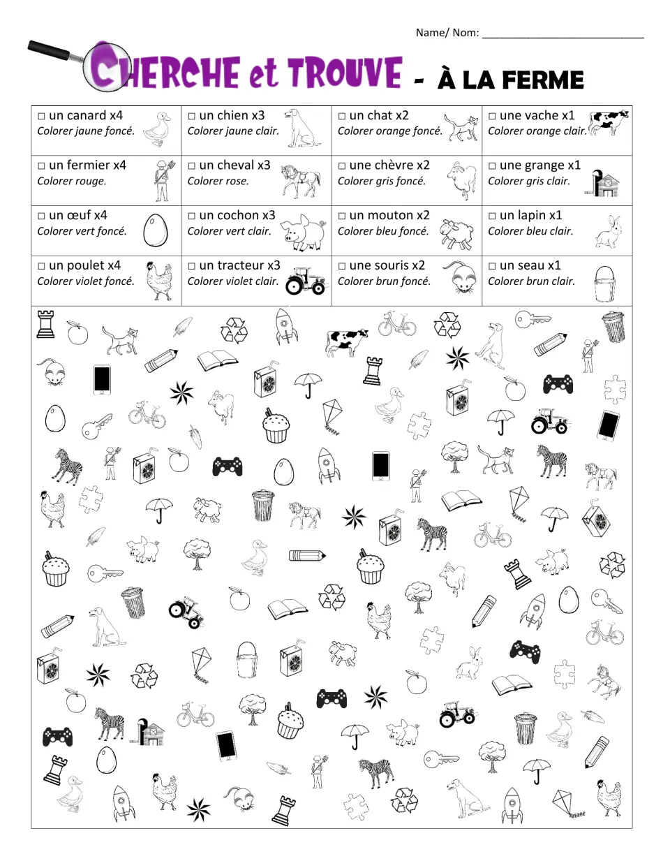 Cherche et trouve, À la ferme: students find and color farm animals and items by French name, e.g. un canard, une vache