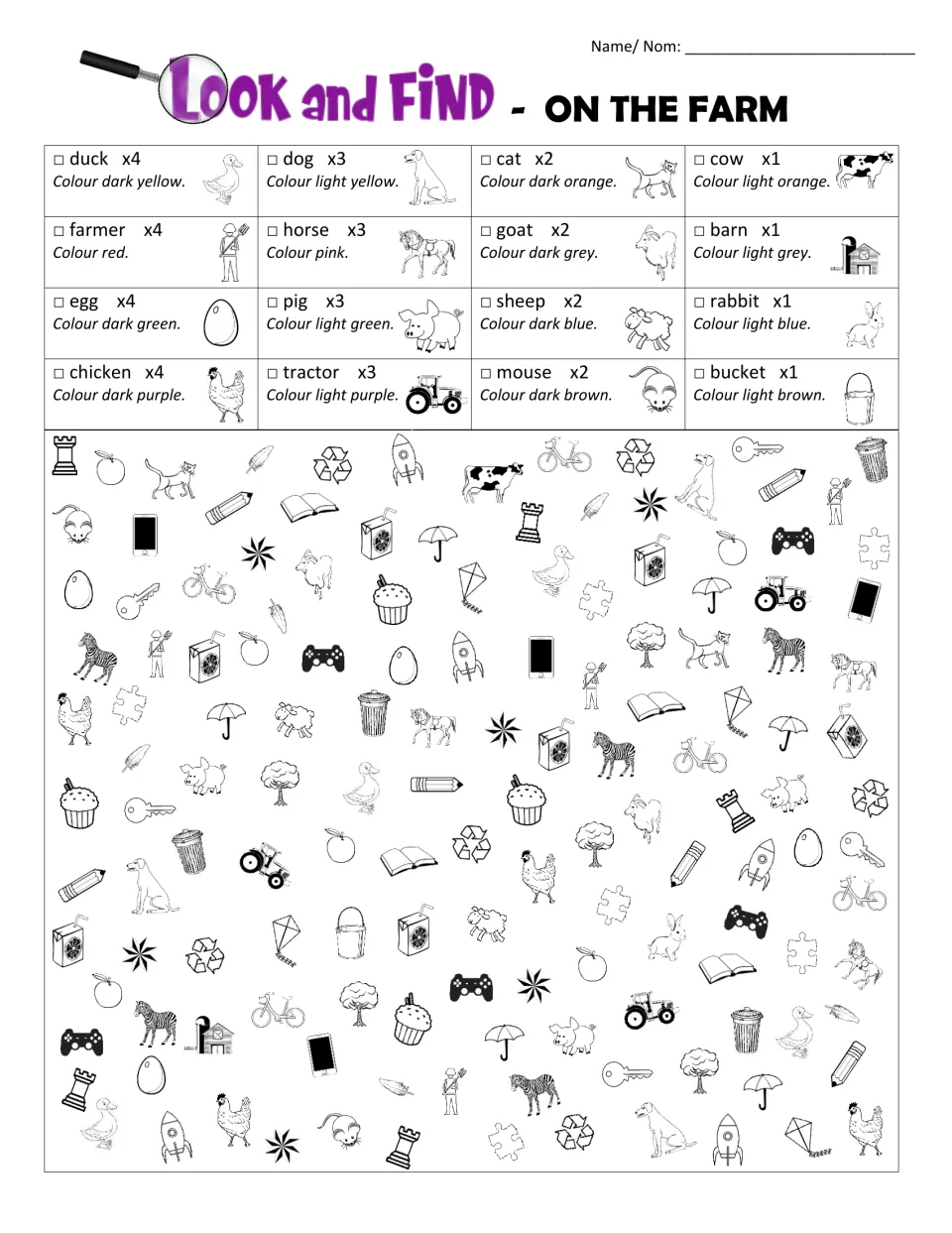 Look and Find, On the Farm (English): students find each farm picture, such as duck x4 or cow x1, and color it as listed