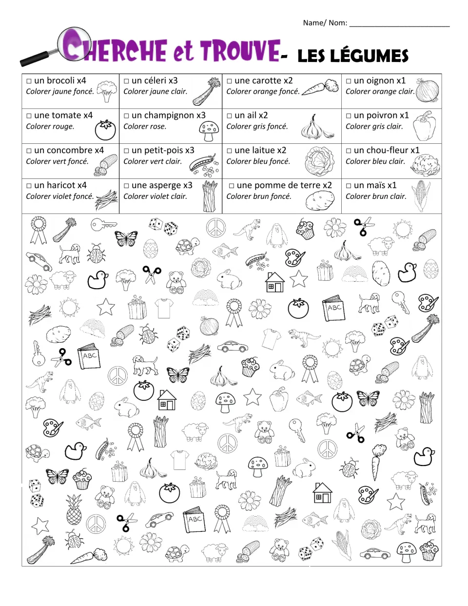 Cherche et trouve, les légumes: students find 16 French-named vegetables in a picture search and color each as listed