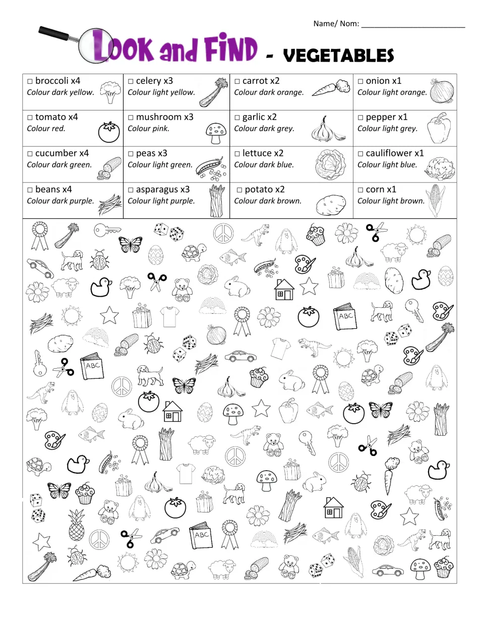 Vegetables look and find in English: students spot broccoli, carrots, corn and more, then colour each by the key