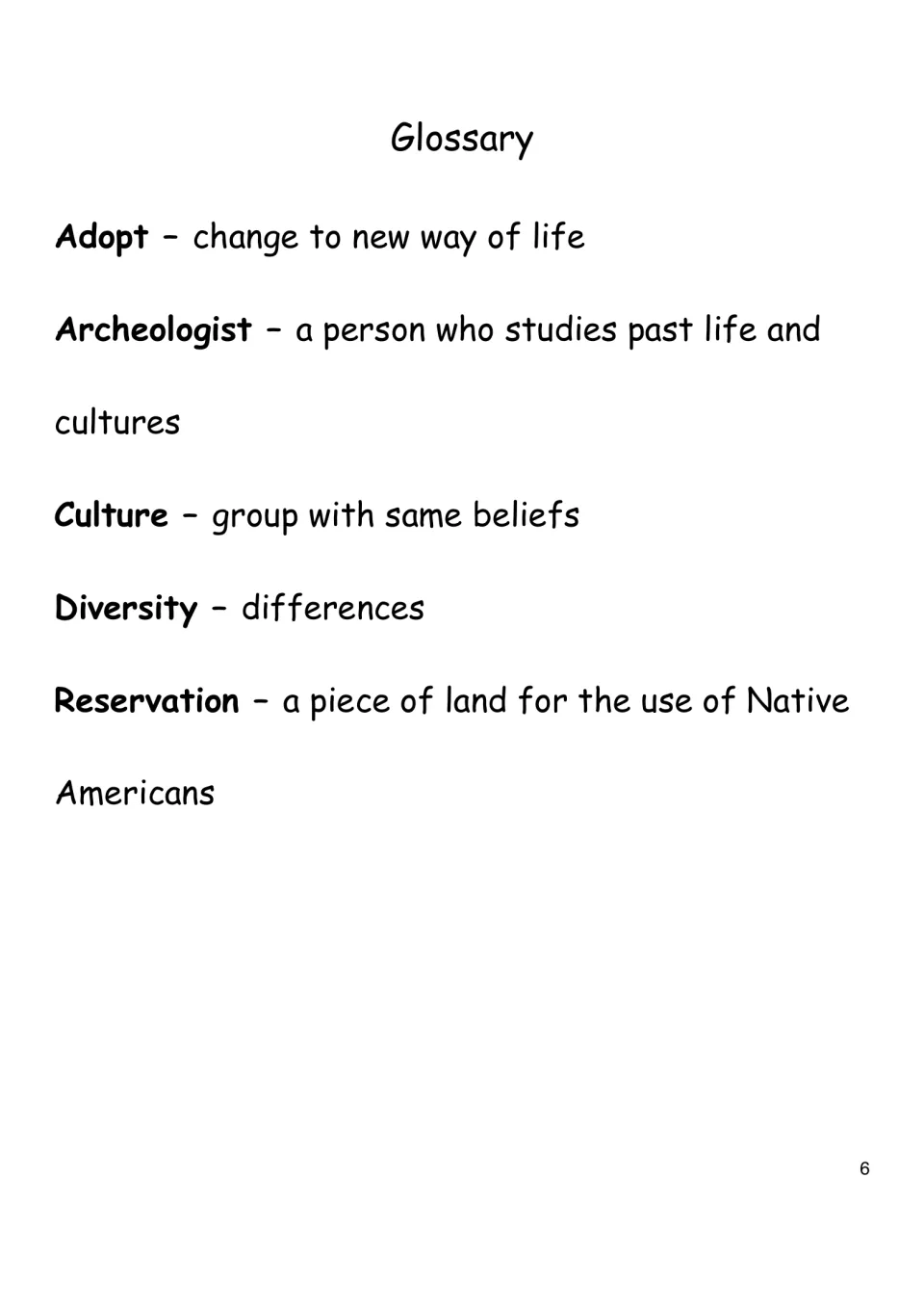 Glossary defining adopt, archeologist, culture, diversity and reservation as used in the Cherokee reading