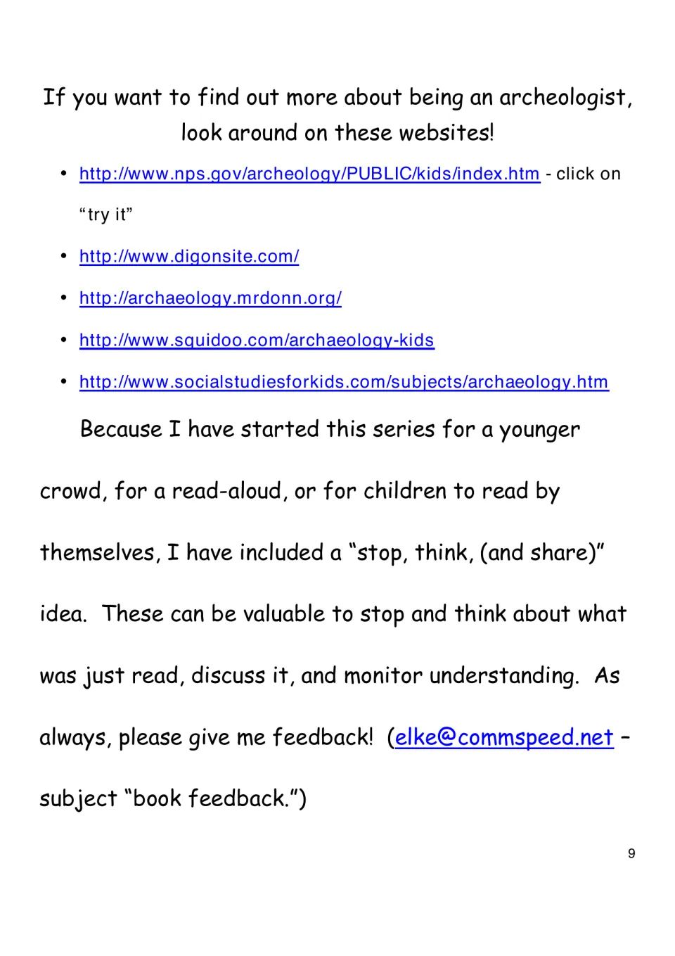 Archeology websites for kids, plus an author's note on the stop, think and share pauses used in the series