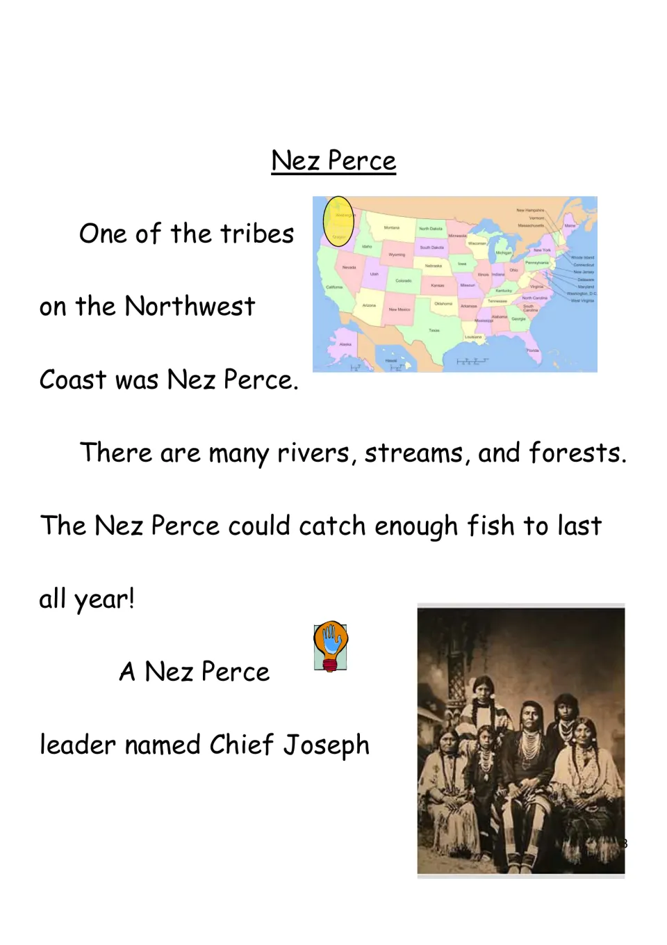 Nez Perce reading: the tribe's Northwest home on a U.S. map, its rivers and forests, fish all year, and Chief Joseph