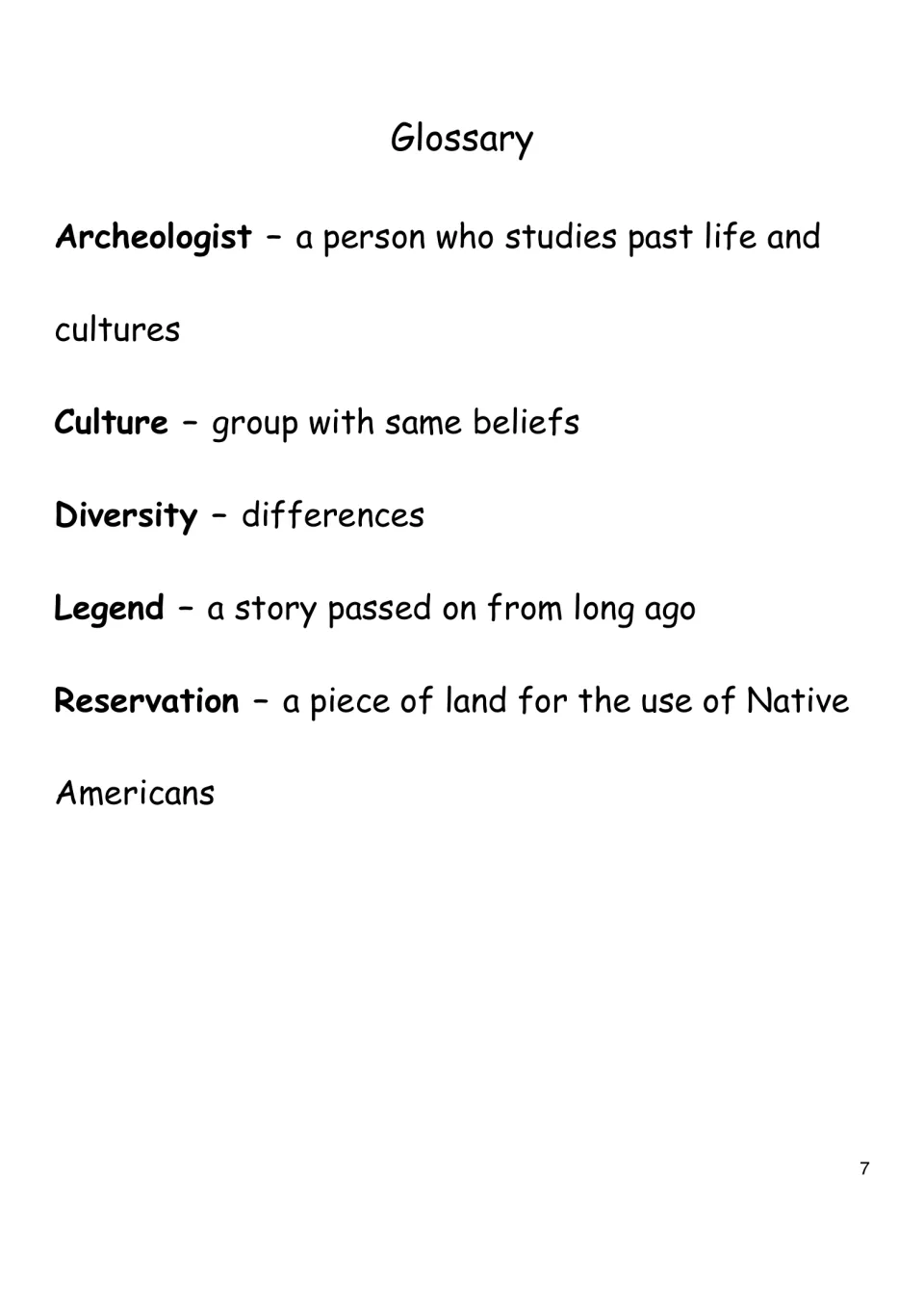 Glossary defining archeologist, culture, diversity, legend and reservation, with a one-line meaning for each word