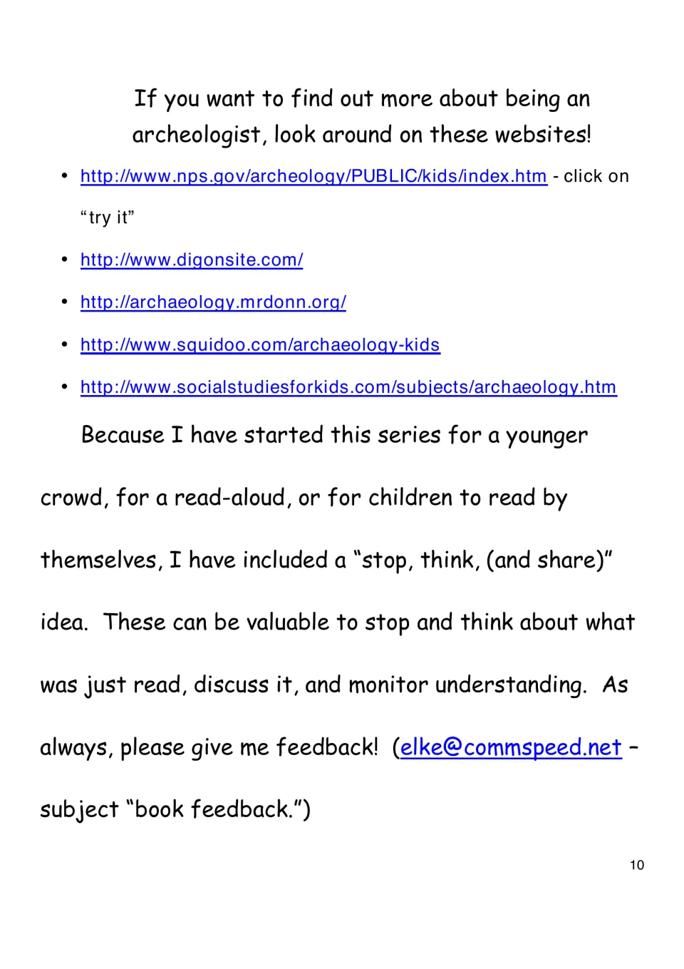Archeology websites list for further exploring, plus the author's note on the stop, think and share questions