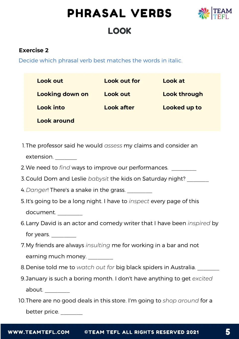 Exercise 2: students replace the italic words in 10 sentences with a matching look phrasal verb from a word bank