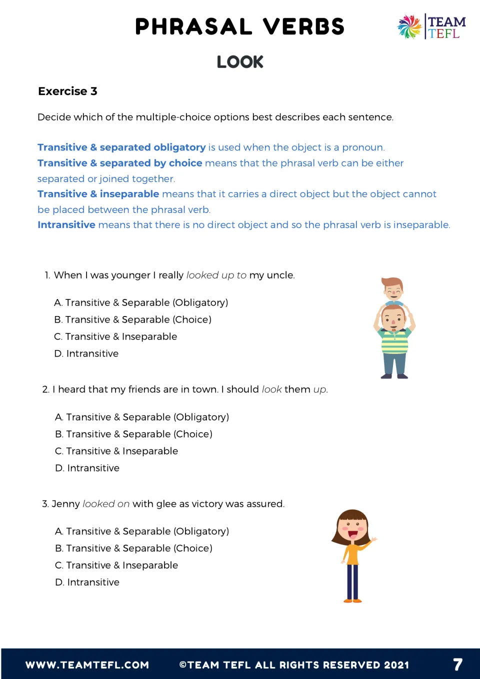Exercise 3, items 1-3: students pick A-D to classify how each sentence uses a look phrasal verb, like looked up to