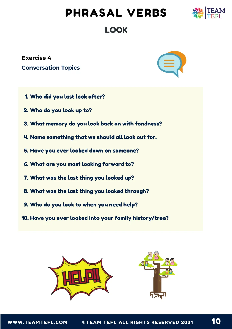 Exercise 4 conversation topics: 10 speaking questions using look phrasal verbs, like who do you look up to?