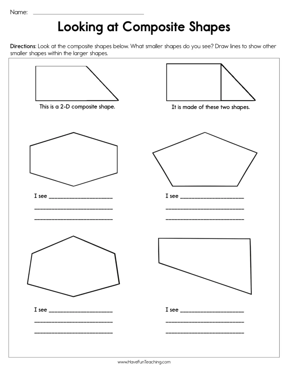 Decomposing composite shapes: students draw lines inside hexagons, a pentagon and a quadrilateral, then name the parts