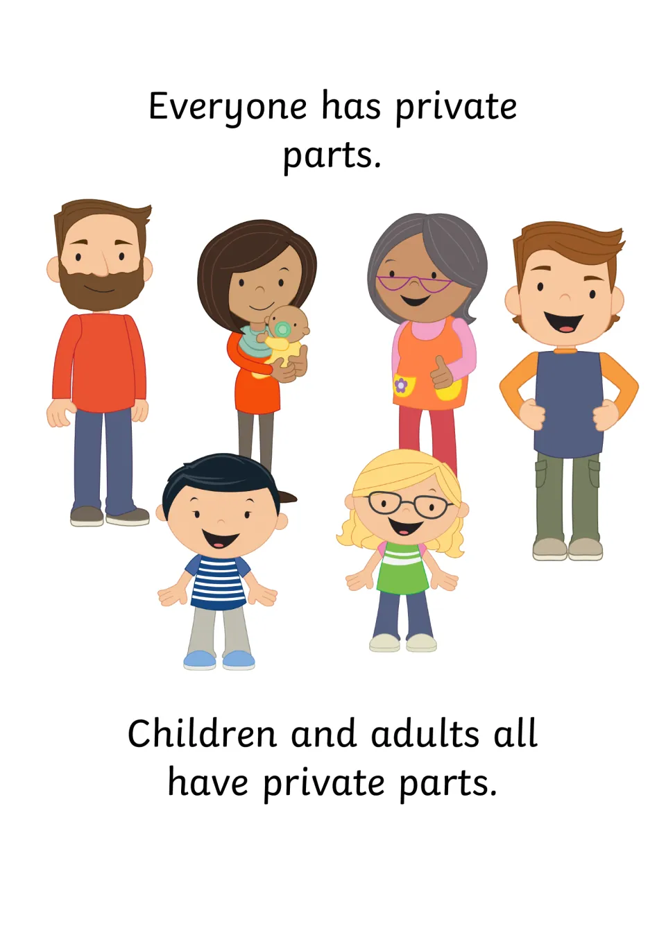 Private parts story page: everyone has private parts, shown with a family group of adults, a baby and two children