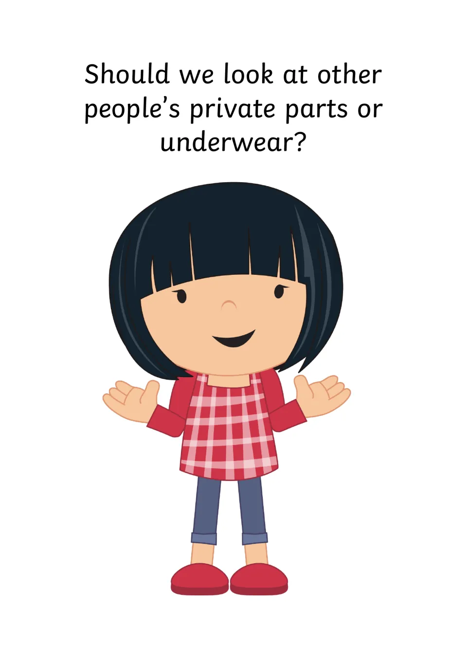 Question page asking whether we should look at other people's private parts or underwear, with a girl shrugging