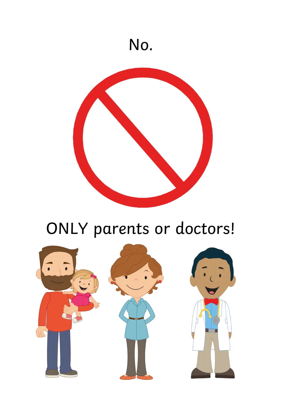 Answer page: No, with a red prohibition sign; ONLY parents or doctors, shown as a dad with toddler, a woman and a doctor