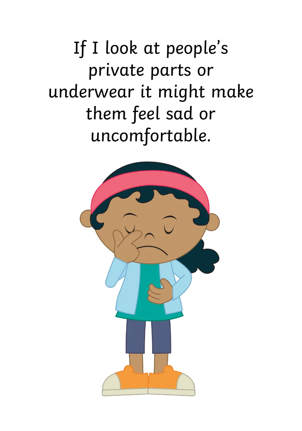 Feelings page: looking at private parts or underwear might make people feel sad or uncomfortable, shown by an upset girl