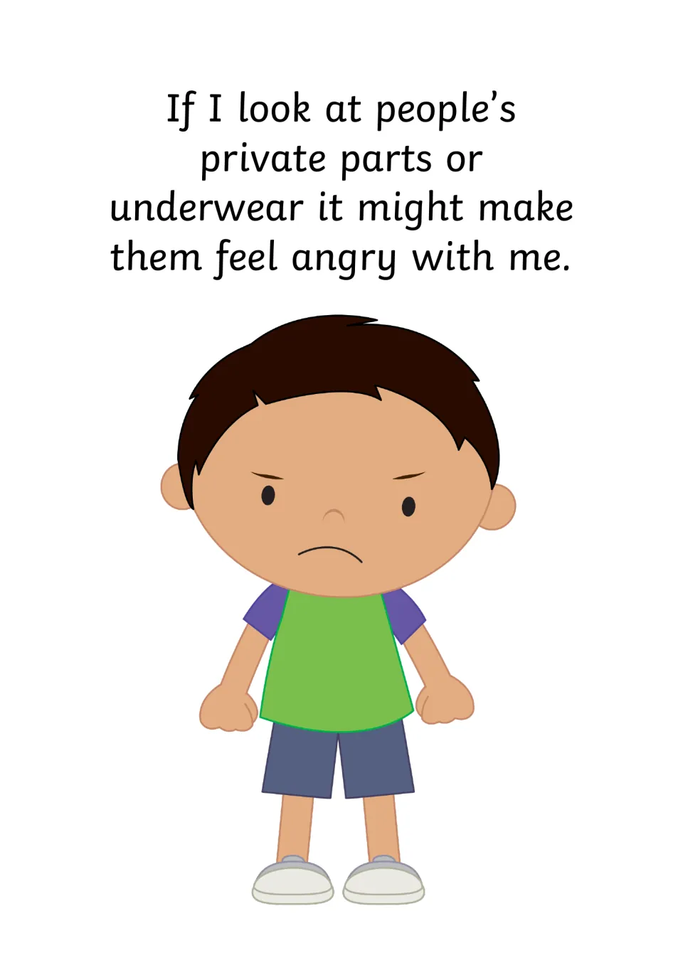 Feelings page: looking at private parts or underwear might make people feel angry with me, shown by a frowning boy