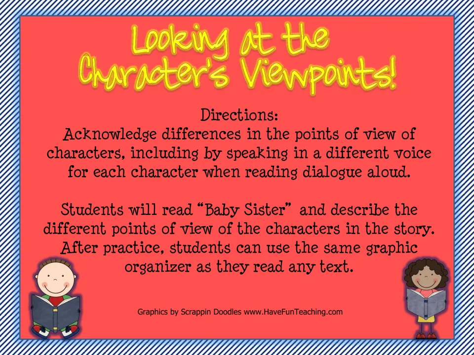 Character viewpoints title page with directions: read "Baby Sister" and describe each character's point of view