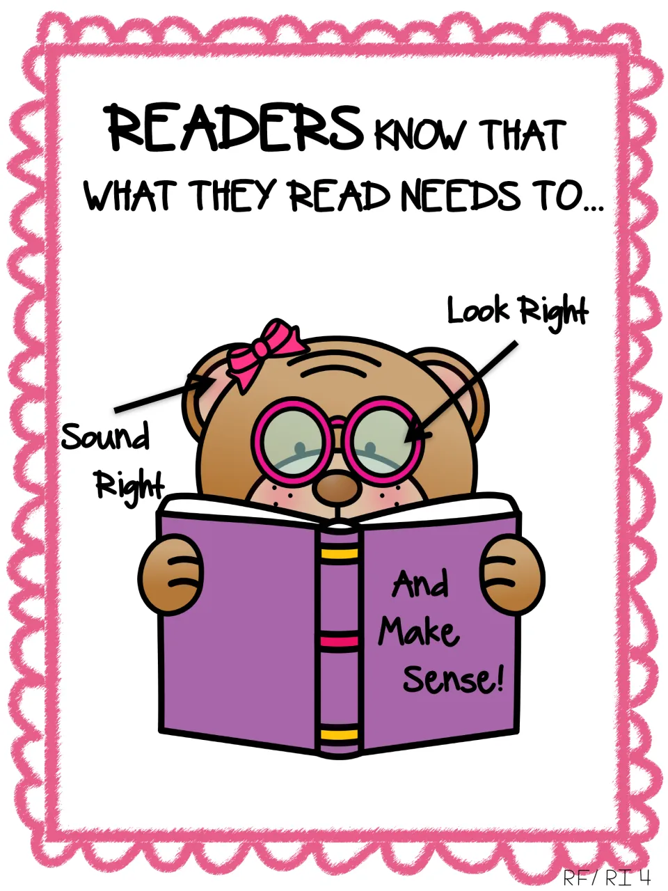 Self-monitoring chart: readers check that text looks right, sounds right and makes sense, shown with a bear reading a book