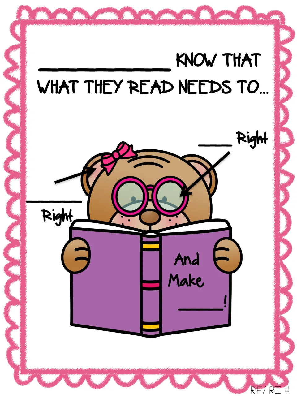 Fill-in version of the self-monitoring chart: blanks for Readers, Look, Sound and Sense beside the bear reading a book