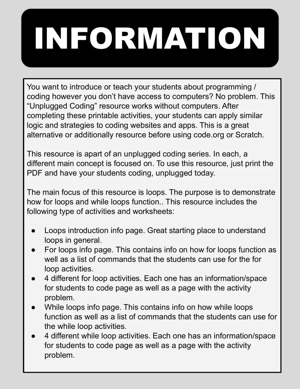 Resource information page explaining coding without computers and listing four for and four while loop activities