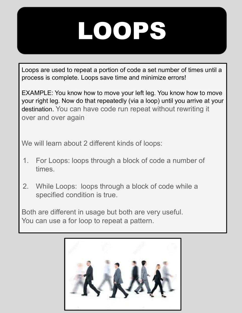 Loops introduction explaining repeated code, using walking as an example, and defining for and while loops