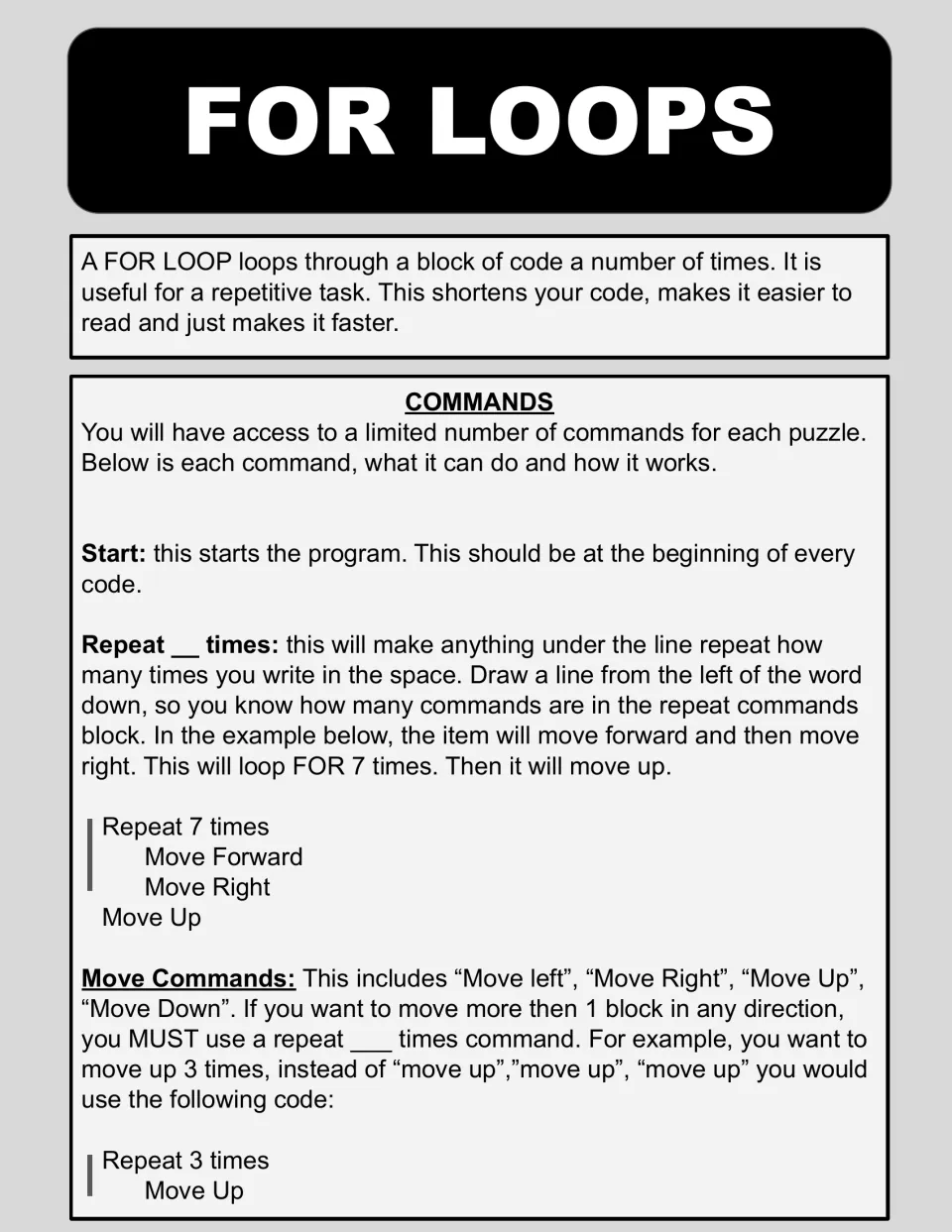 For loops reference explaining Start, Repeat commands, and movement, with examples repeating seven and three times