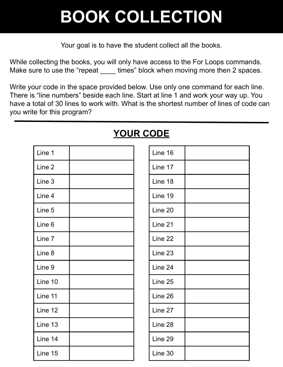 Book Collection instructions asking students to collect all books using for loops and write code in 30 steps