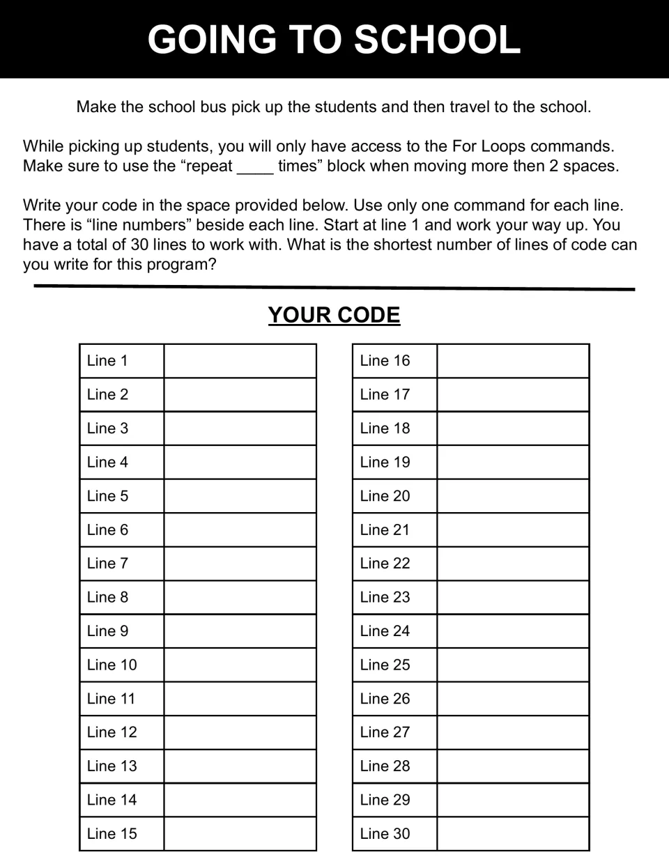 Going to School instructions asking students to code a bus route that picks up students and reaches school
