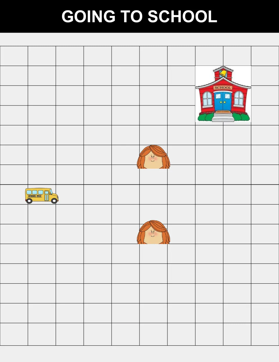 Going to School problem page showing a bus, two students to pick up, and the school as the final destination
