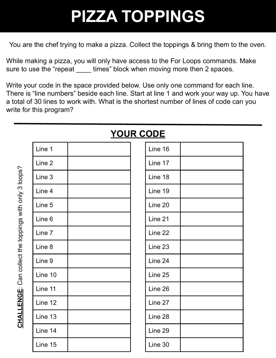 Pizza Toppings instructions for collecting ingredients and reaching the oven, with a challenge to use three loops