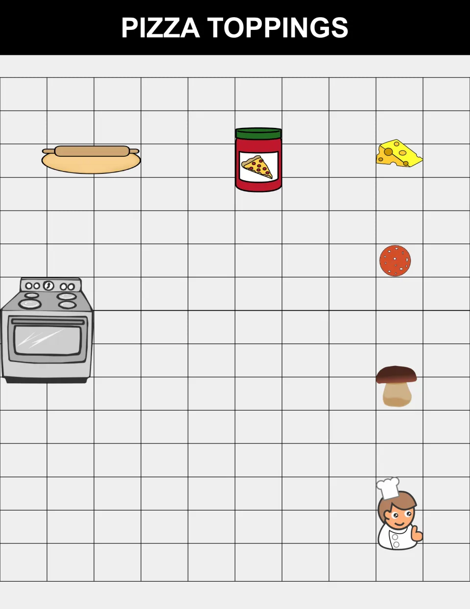 Pizza Toppings problem page showing the chef, dough, sauce, cheese, pepperoni, mushroom, and destination oven