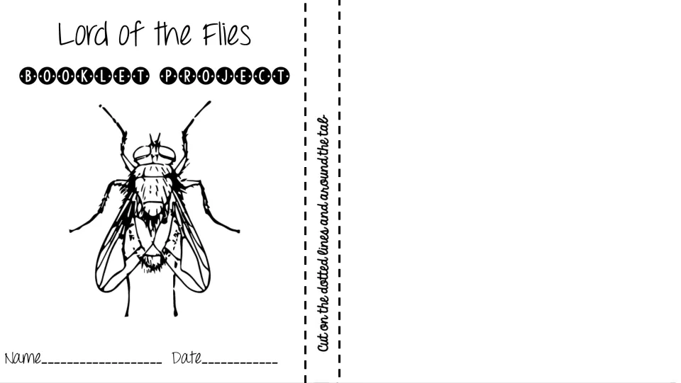 Lord of the Flies booklet project cover with a fly illustration and name and date lines, plus a blank flap to cut out