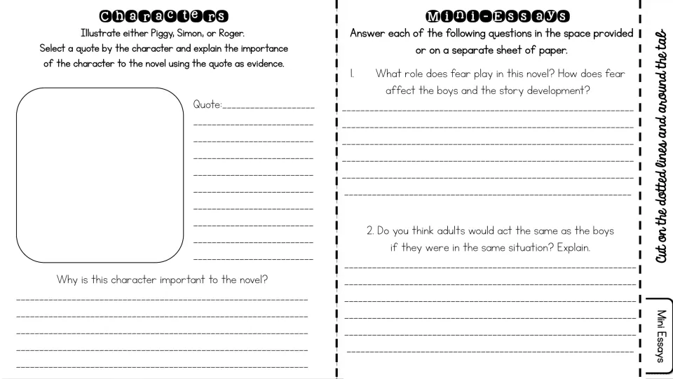 Character study and mini-essays: illustrate Piggy, Simon or Roger with a quote, then answer questions on fear and adults